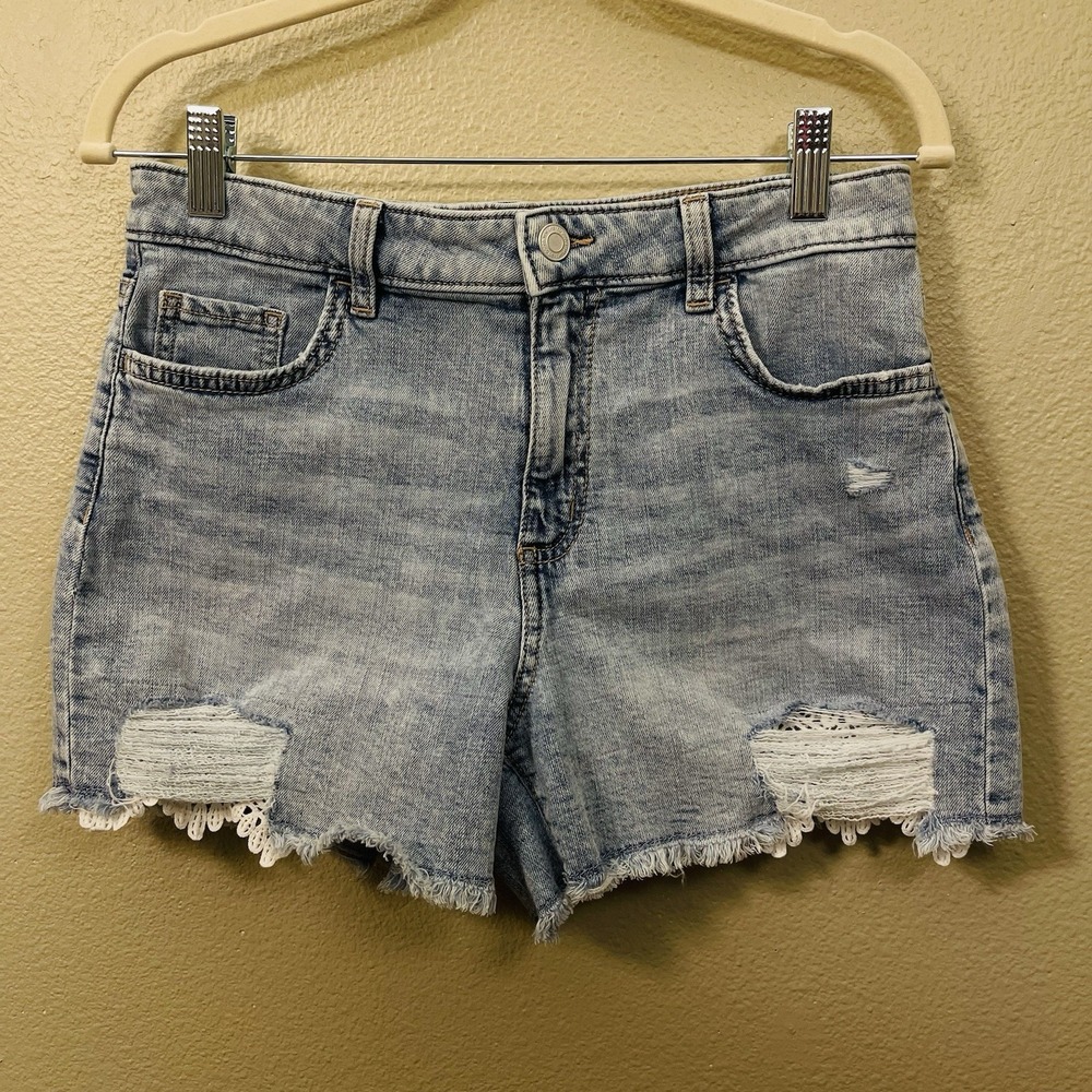 SO Distressed‎ Blue Denim Shorts Lace Detail Boho Y2K Size 30 Inch Waist READ